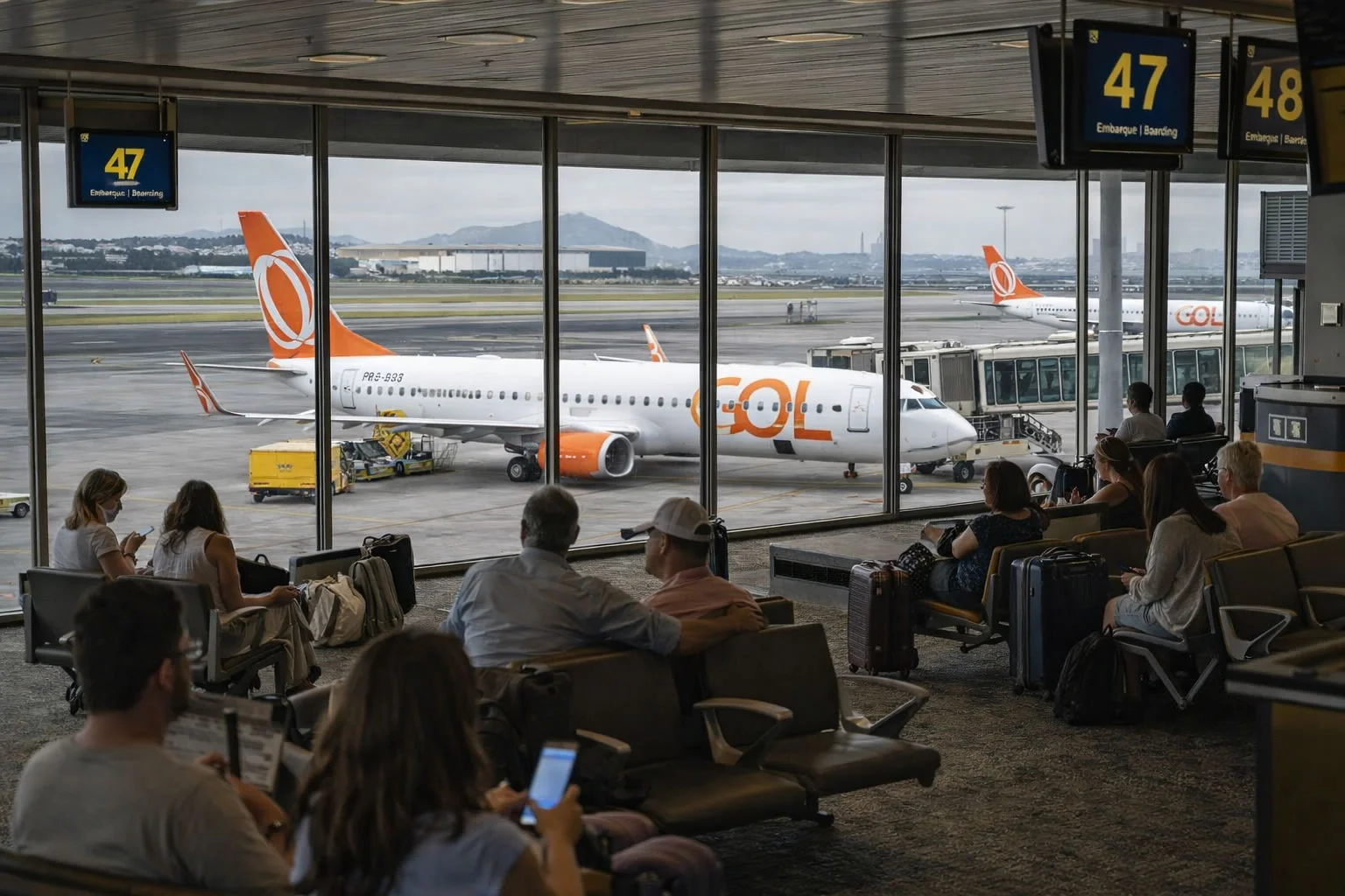 Passageiros aguardam o embarque nas salas do Aeroporto Internacional do Galeão, com aviões da GOL estacionados nas pistas vistos através das janelas do terminal.