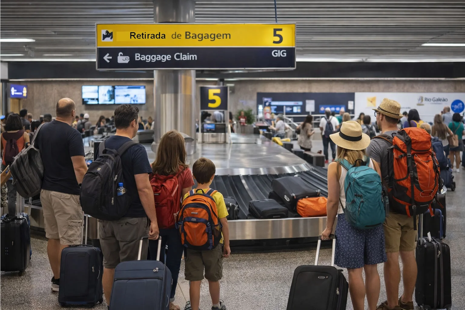 Área de recolhimento de bagagem no Aeroporto Internacional do Rio de Janeiro (Galeão), com passageiros aguardando suas malas.