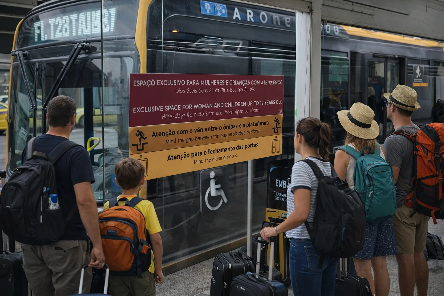 assageiros aguardam o ônibus de conexão no Aeroporto Internacional do Galeão, com malas e mochilas, ao lado do ponto de embarque.