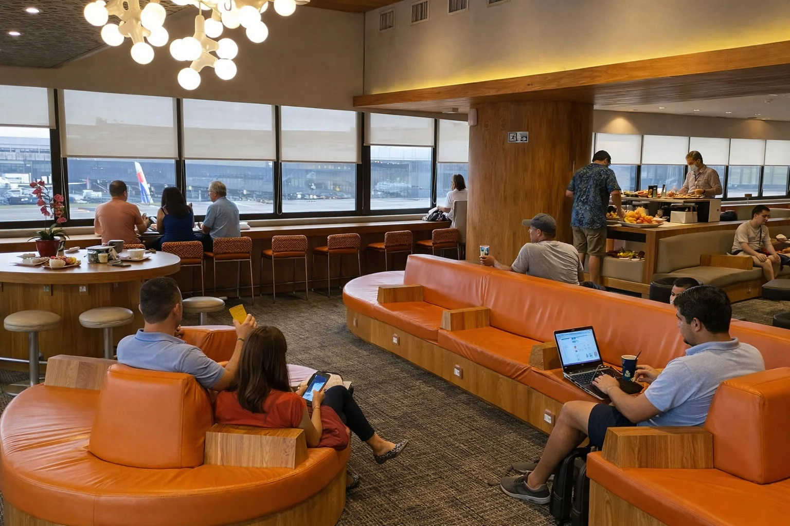 Sala VIP GOL Smiles no Aeroporto do Galeão, com poltronas confortáveis, área de descanso e vista para o pátio, enquanto passageiros aguardam seus voos.