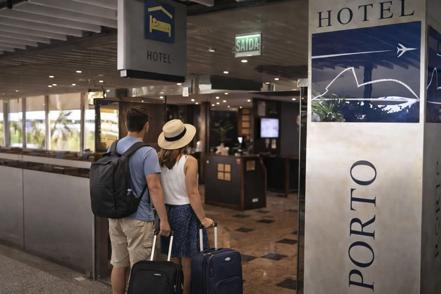 Casal de passageiros entrando no Rio Aeroporto Hotel no Aeroporto Internacional do Galeão com malas de mão.