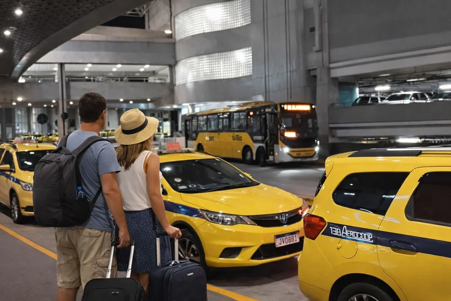Casal com malas aguardando táxi na área de desembarque do Aeroporto Internacional do Galeão, no Rio de Janeiro.