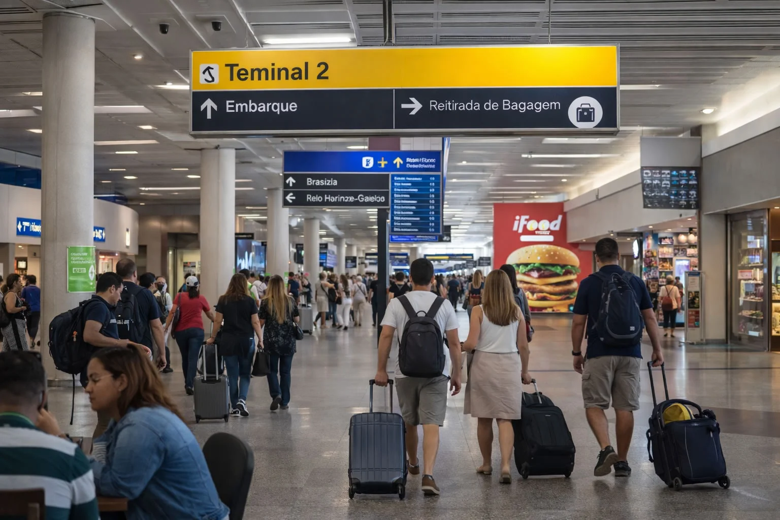 Interior do Terminal 2 do Aeroporto Internacional do Rio de Janeiro (Galeão), com passageiros caminhando pelo saguão com malas.