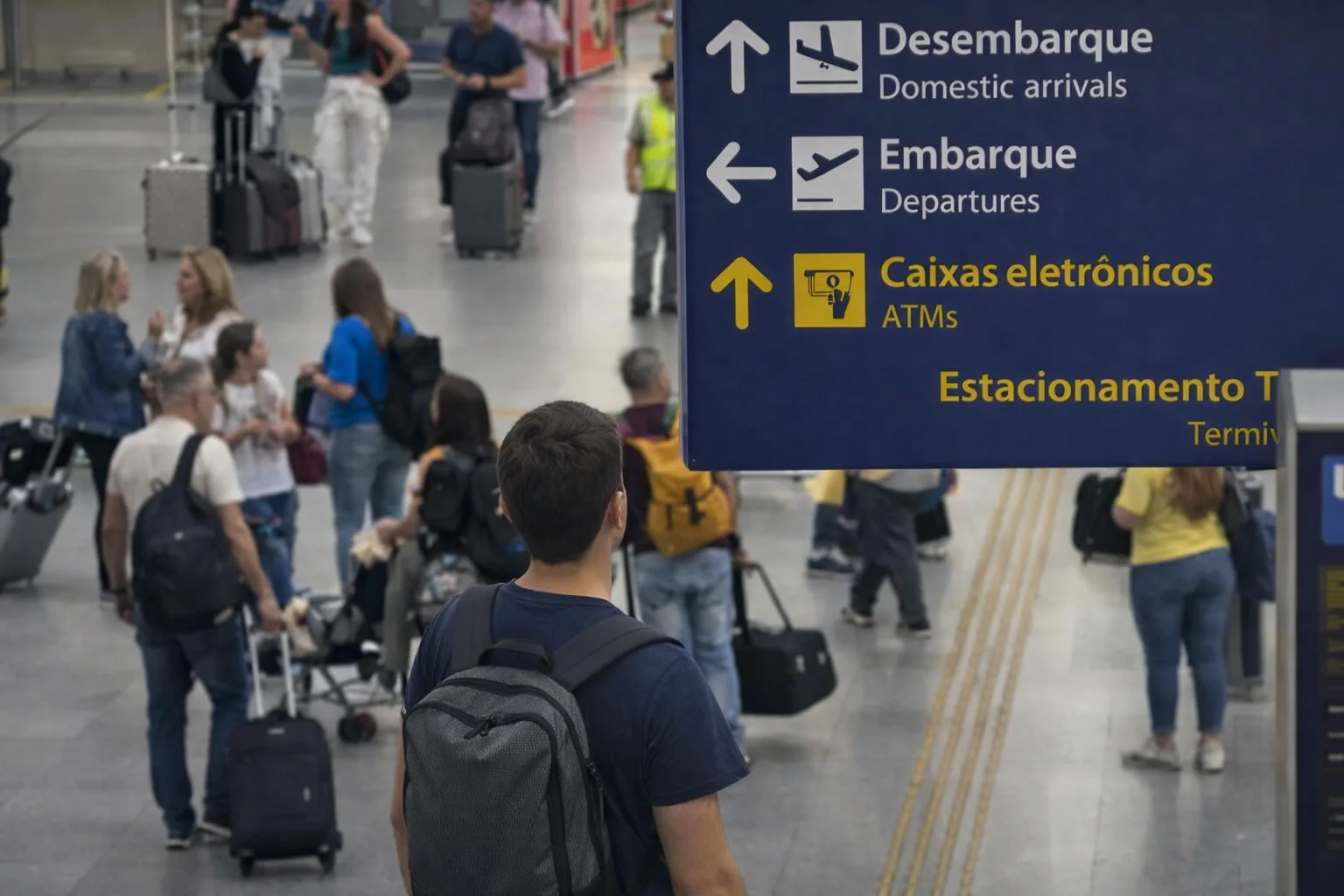 Passageiros com bagagens na área do terminal observando um painel de sinalização do aeroporto